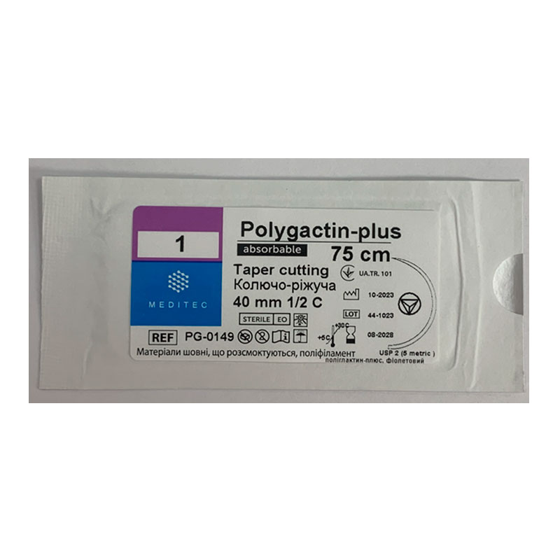 Полігліклактин-плюс 910. М4, USP 1, 0,75 см, голка колючо-ріжуча, 40 мм, 1/2 С